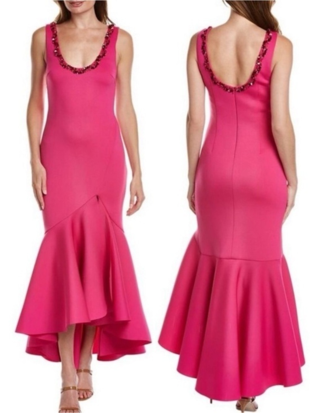 NWT Badgley Mischka Scoop Neck Ruffled Trumpet Scuba Gown Beaded Neckline Size 4
